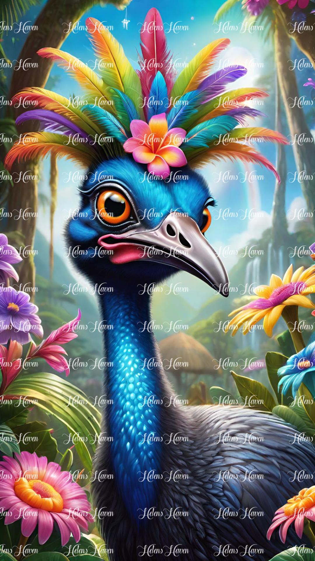 Cute Cassowary amid flowers