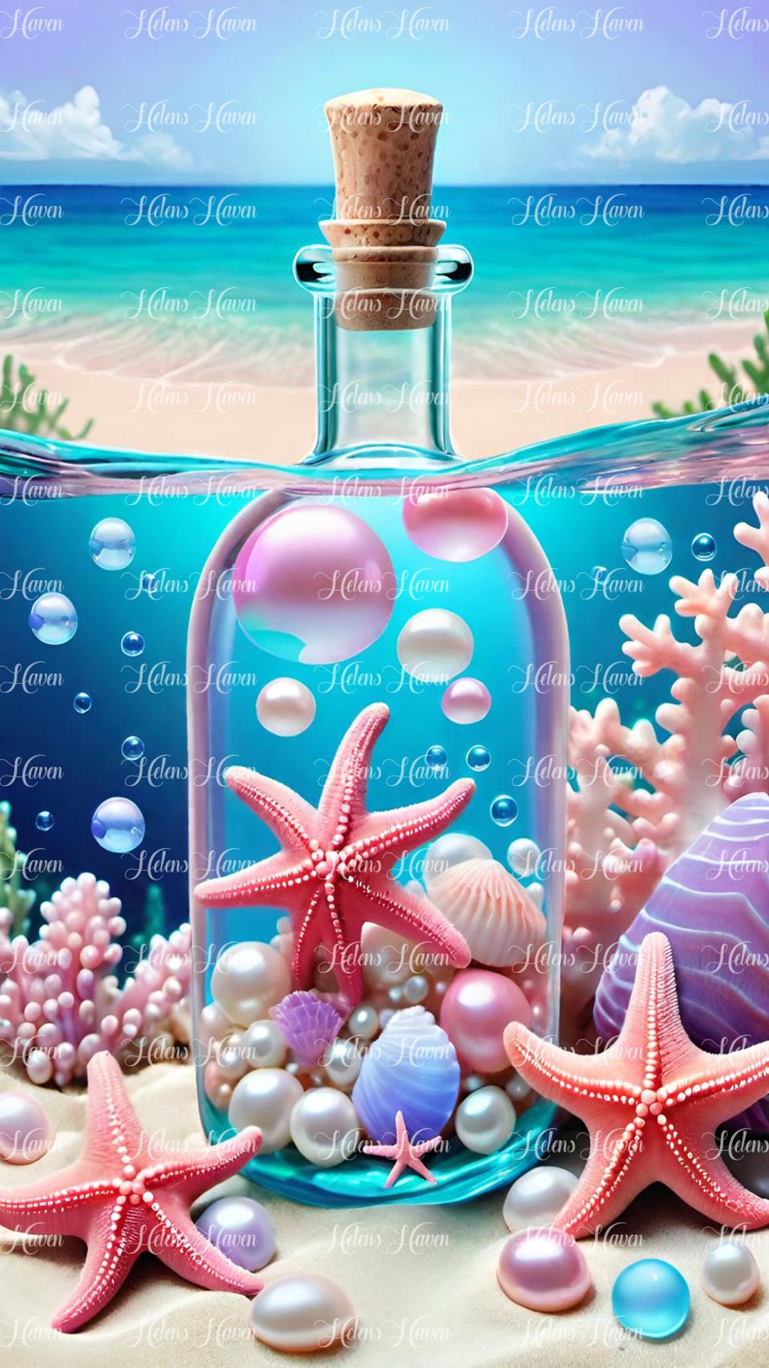 Portrait beach scene of glass bottle starfish and pearls on the sand