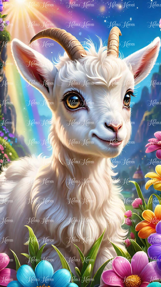 Cute baby goat with horns in flowers