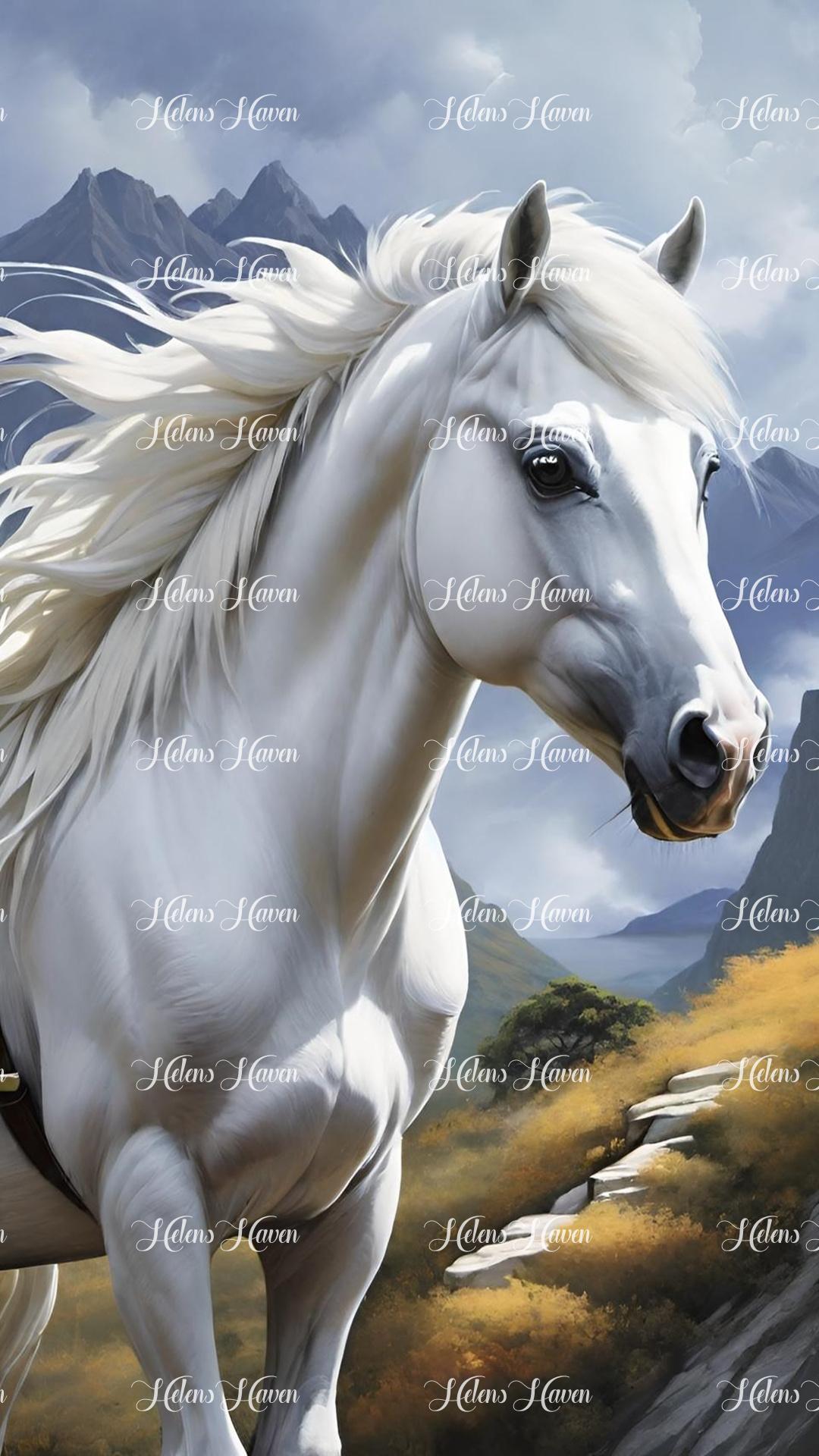 A white horse stands proudly against a stunning mountainside backdrop, its mane flowing like a silken cascade in the crisp mountain air.