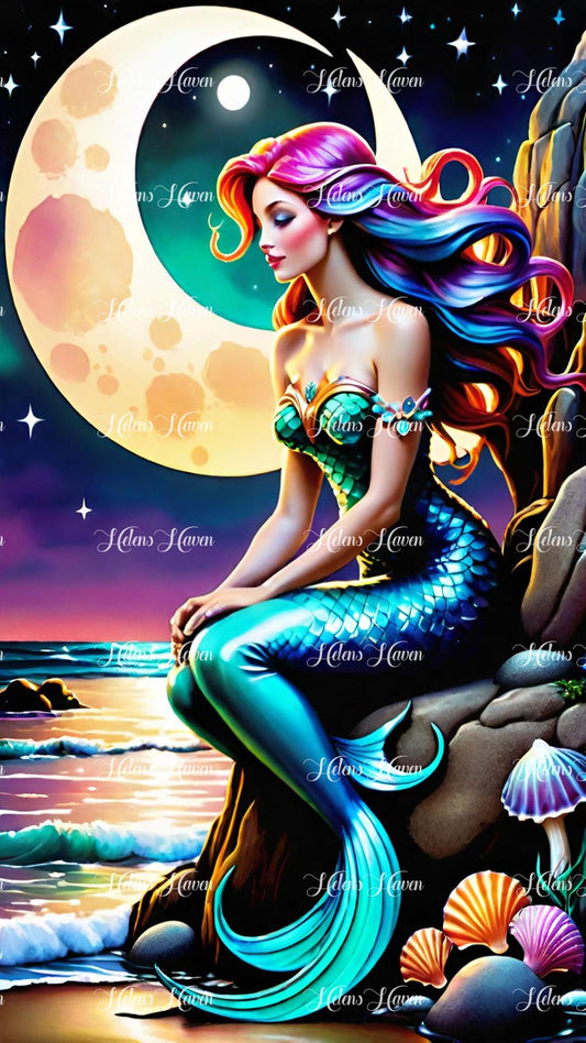 A mermaid sits on rocks at night, bathed in the ethereal glow of the moonlight dancing on the tranquil sea.