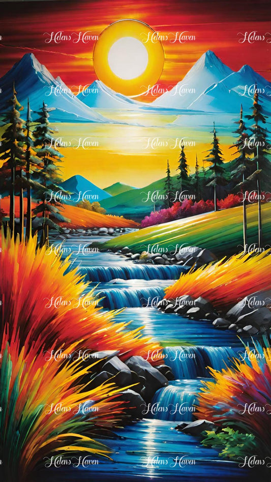 A cascading river winds through the mountains, its waters aglow in the warm hues of the setting sun.