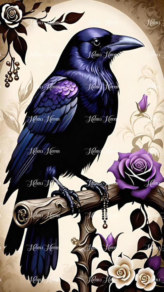 A sleek black and purple raven perches on a branch adorned with roses, 