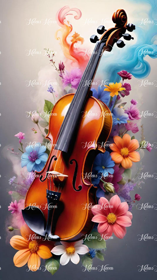 A violin rests amidst colorful flowers, its elegant curves and polished wood contrasting vividly against the vibrant petals and lush foliage.