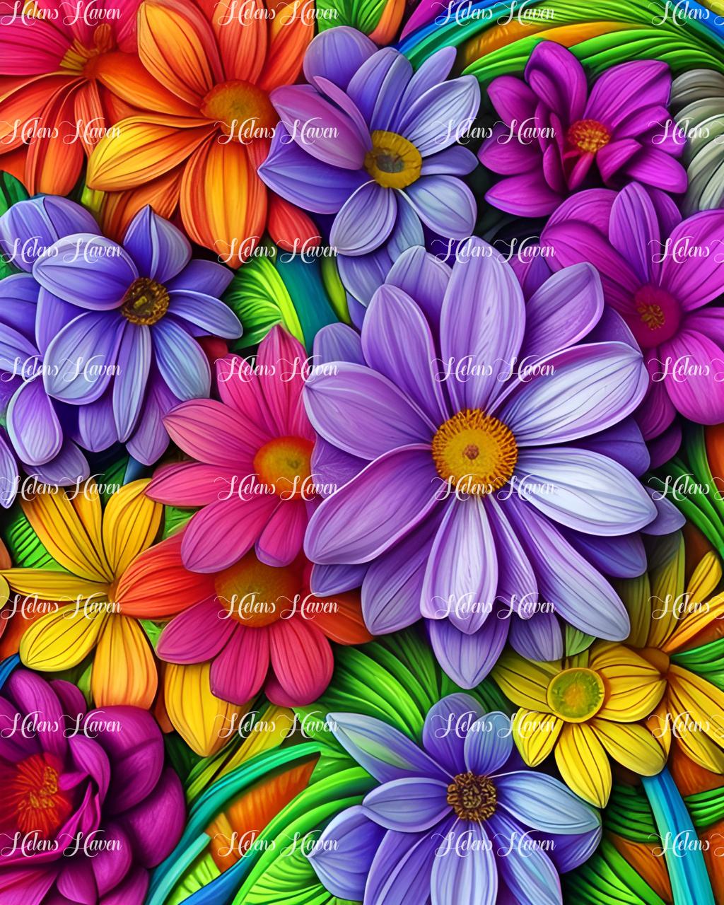 A colorful flowers montage bursts with vibrant hues and intricate petals, creating a lively tapestry of nature's beauty. 