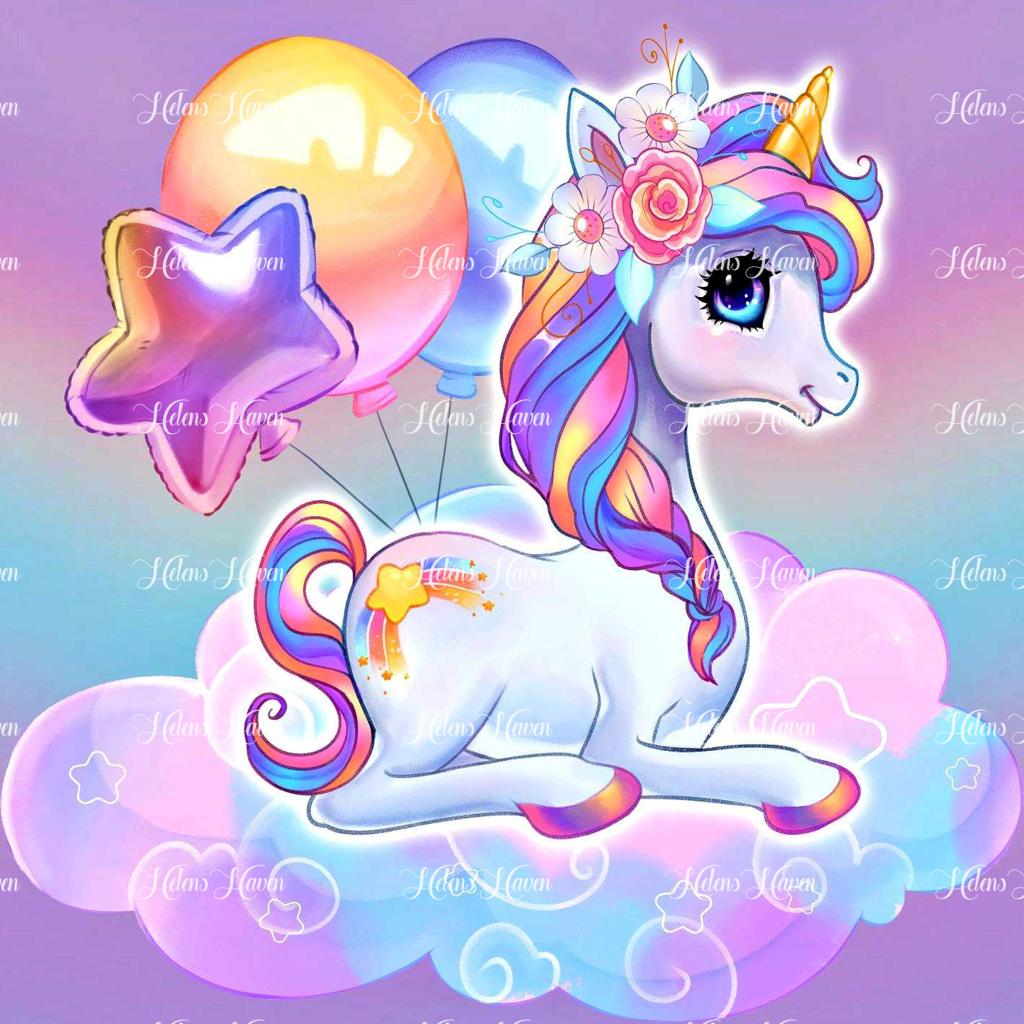 A baby unicorn joyfully celebrates its birthday while sitting on a soft pastel cloud, surrounded by gentle hues of pink, lavender, and sky blue.