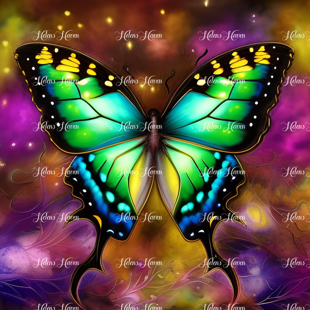 A gorgeous yellow and green butterfly flutters gracefully against a starry galaxy background.