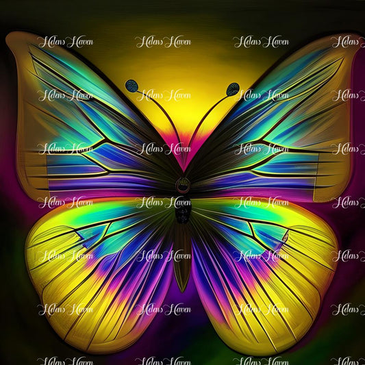 A radiant yellow and purple butterfly flutters delicately, its wings a vibrant display of contrasting colors.