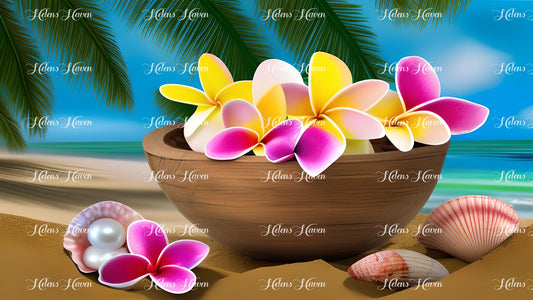 On a serene beach, a bowl of pink frangipanis rests delicately on the warm sand, their soft petals contrasting beautifully with the golden grains.