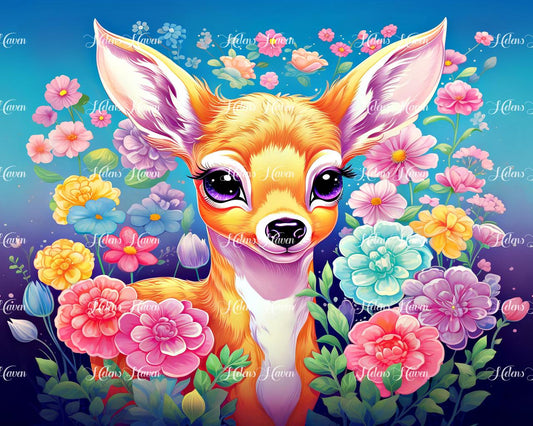 Darla, the cute baby deer, stands gracefully amid a field of flowers, her delicate form blending seamlessly with the colorful blooms