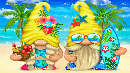 A lady gnome and a man gnome enjoy a charming day at the beach, their whimsical outfits adding a touch of magic to the sunny scene.