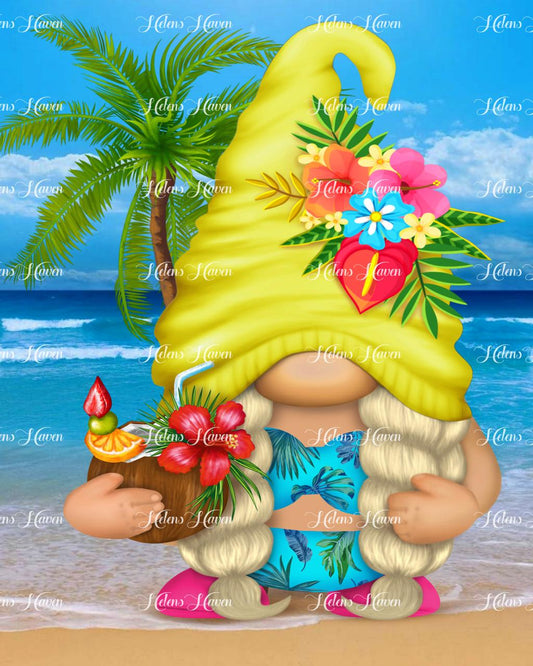 A lady gnome relaxes at the beach, basking in the sun with a sense of serenity.