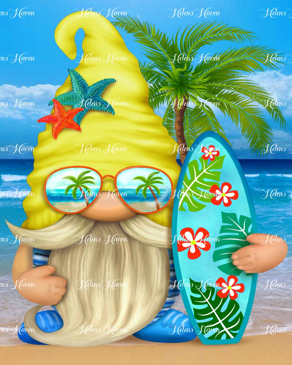 A male gnome enjoys his time at the beach, dressed in a playful outfit