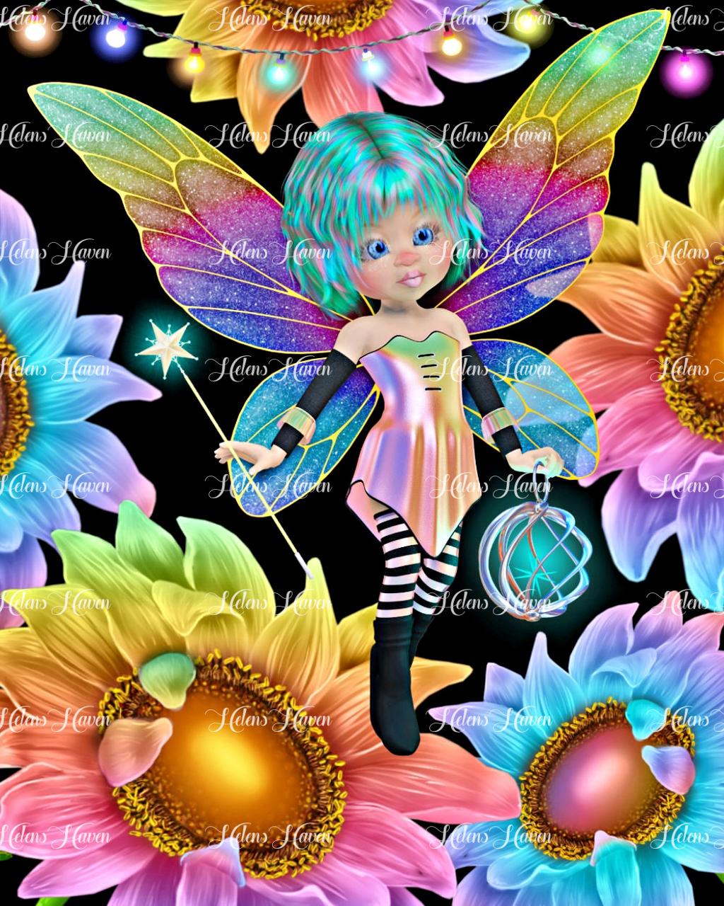 Chloe the fairy hovers gracefully over a field of colorful sunflowers, her wand sparkling with magic