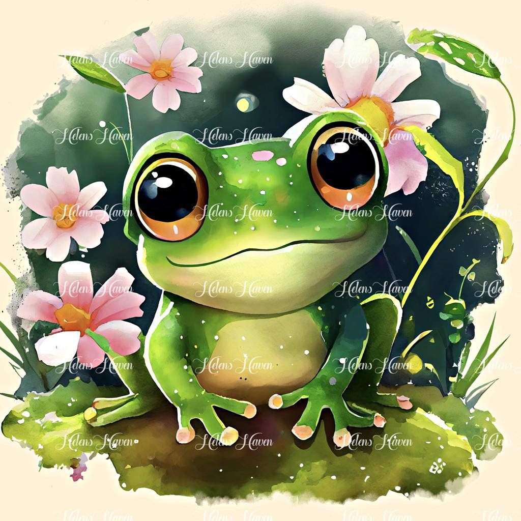 Freya the cute froggie sits contentedly on a moss-covered rock, her tiny green body perfectly at ease amidst the soft, velvety moss.