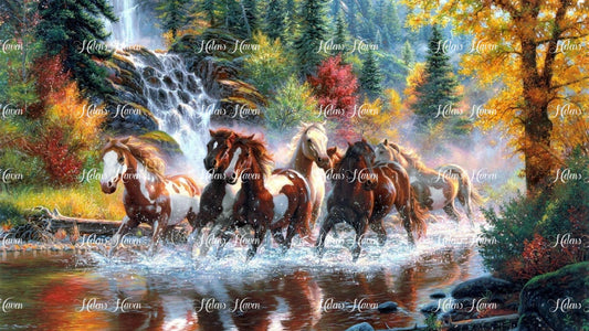 Stunning horses gallop energetically through a stream, their powerful bodies and flowing manes creating a dynamic spectacle as they pass by a majestic waterfall. 