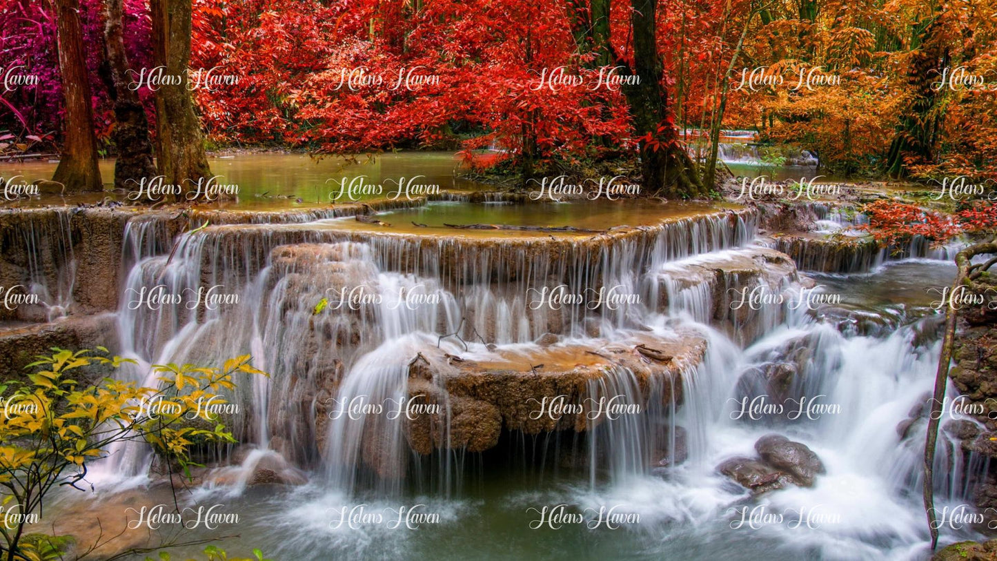 A rocky waterfall tumbles down a rugged cliff, its powerful cascade surrounded by a lush forest of trees.