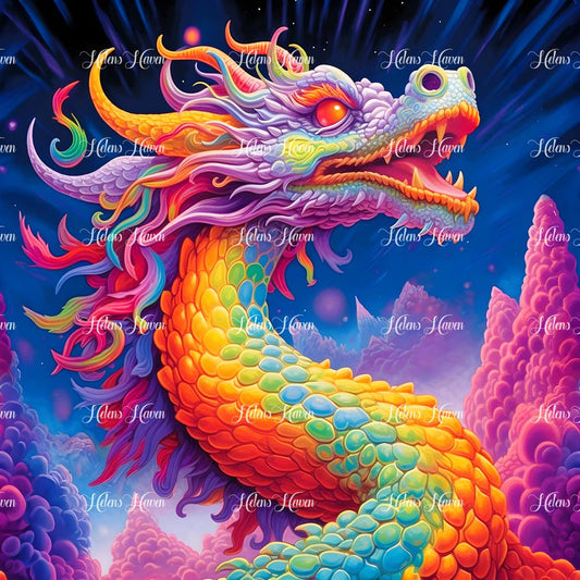 A vibrant, colorful dragon soars through the sky, its scales shimmering in a dazzling array of hues.