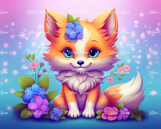 A cute baby fox is nestled amidst a vibrant array of flowers