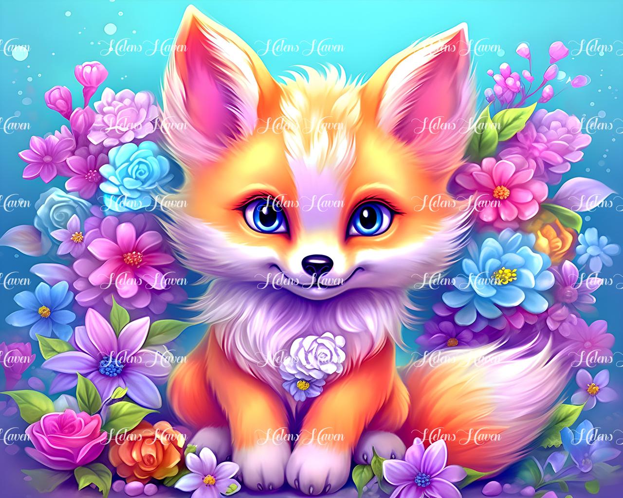 Frankie, the cute baby fox, poses adorably while sitting among a patch of colorful flowers. 