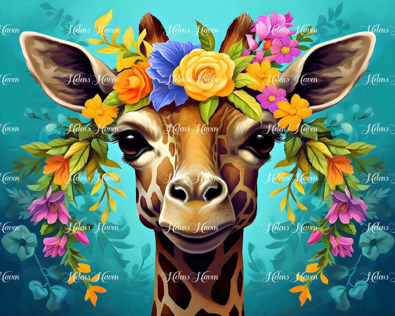 Geraldine the giraffe stands gracefully, adorned with a beautiful array of flowers woven into her long, elegant neck.