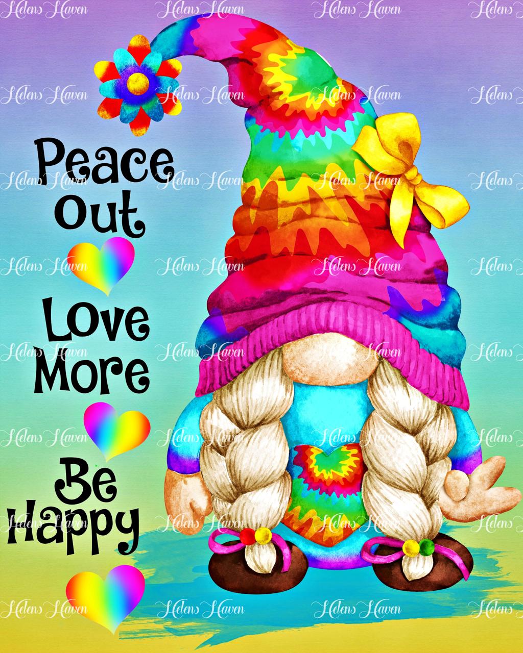 In an artist's rendition, a female love and peace hippie gnome embodies the essence of 1960s counterculture with a whimsical twist.