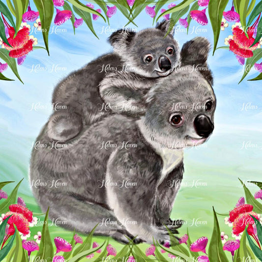 A baby koala clings gently to its mother’s back, nestled comfortably against her soft, gray fur.