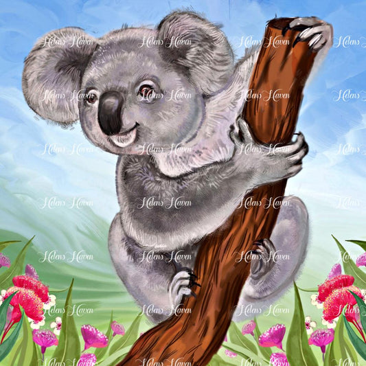 A koala grips a tree stump with its strong, rounded claws, its fluffy gray fur contrasting with the rugged texture of the bark.