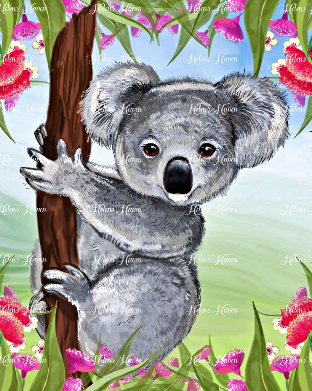 A young koala playfully grips a tree trunk, its tiny paws and fluffy body clinging to the rough bark. 