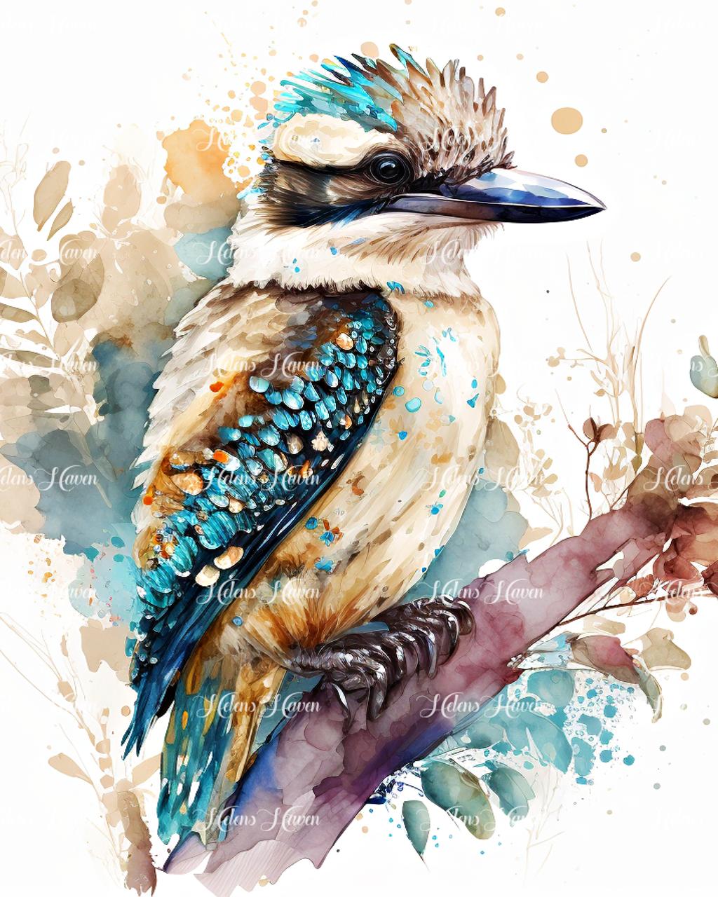 A watercolor painting of a kookaburra captures its charming and distinctive features with soft, flowing brushstrokes.