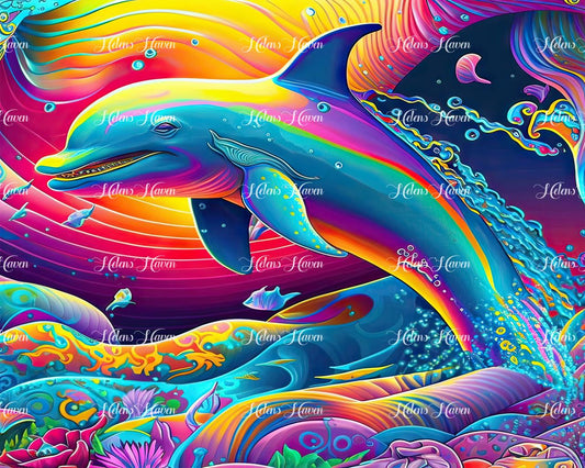 A neon dolphin leaps energetically through vibrant, glowing ocean waves, its body radiating a spectrum of electric colors. 