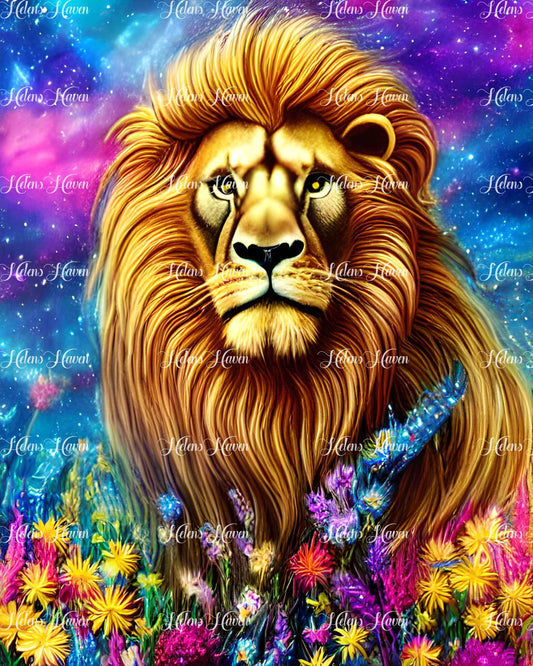 A majestic lion stands proudly among a field of vibrant flowers,