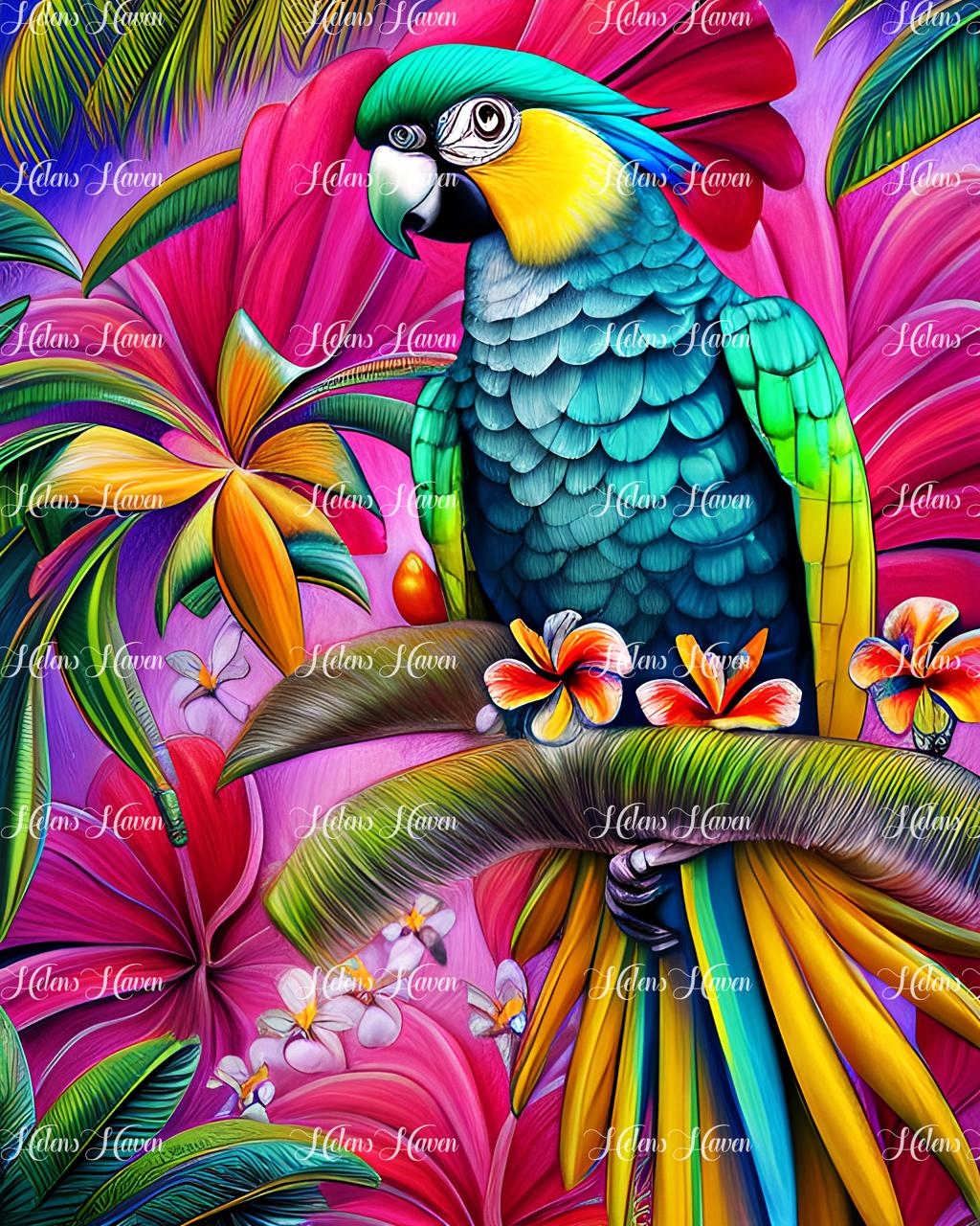 A vibrant yellow and turquoise parrot perches gracefully in a colorful tropical tree, its striking plumage adding a splash of vivid color to the lush foliage. 