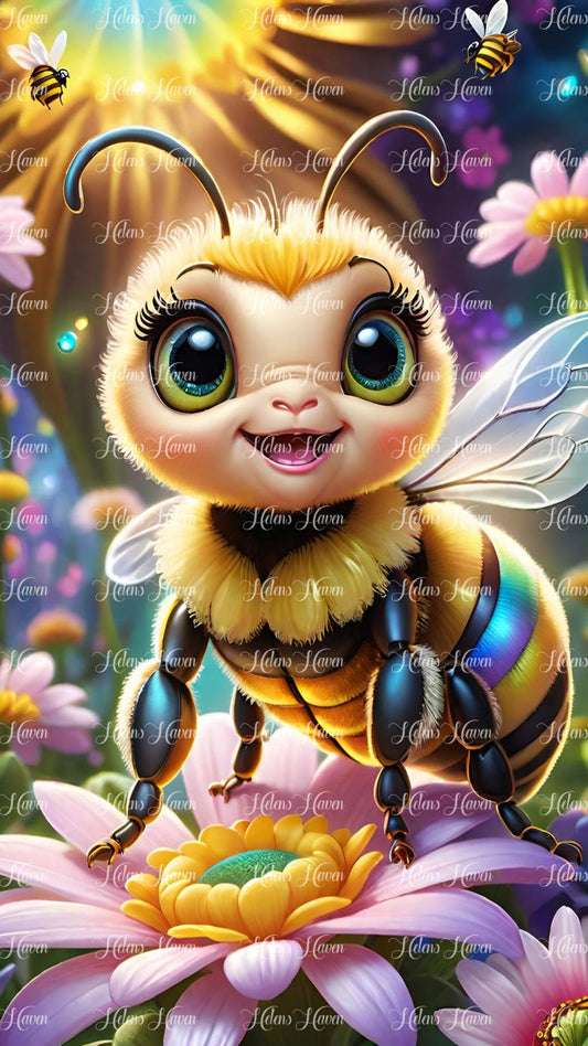 Cute bee with green eyes smiling in flowers