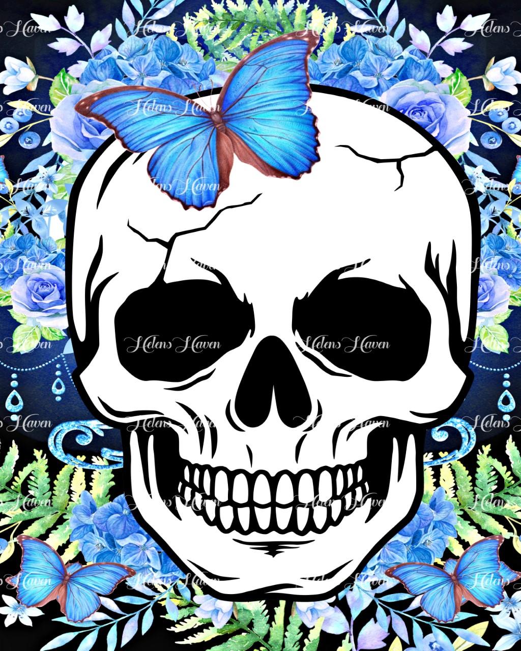 A striking image features a skull surrounded by a vibrant array of blue flowers, creating a stark yet beautiful contrast.