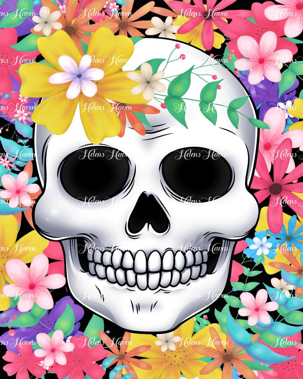 A skull is set amid a vibrant array of colorful flowers, creating a bold and striking visual contrast. 