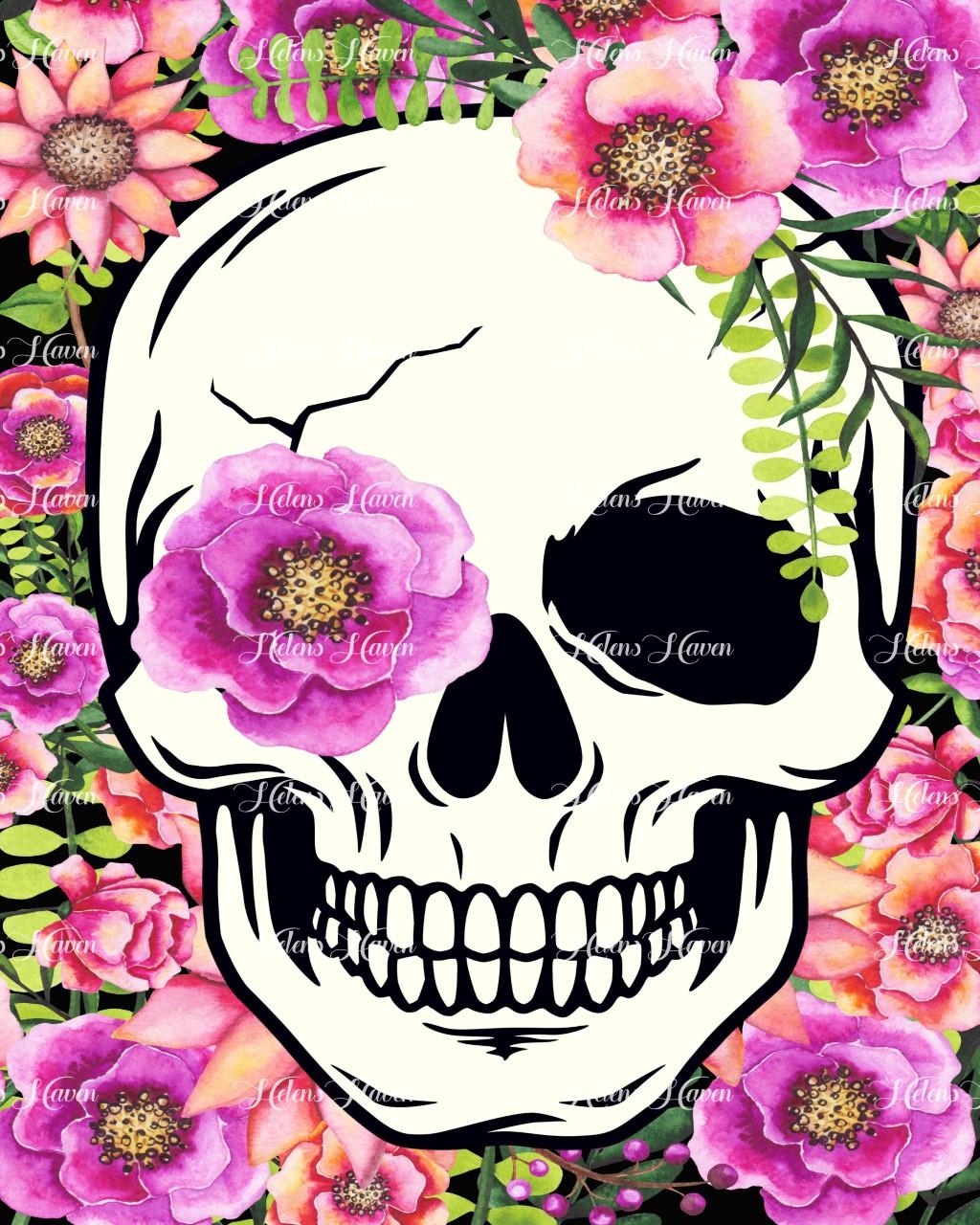 A skull is encircled by a lush arrangement of pink peonies and vibrant foliage, creating a striking and elegant contrast.