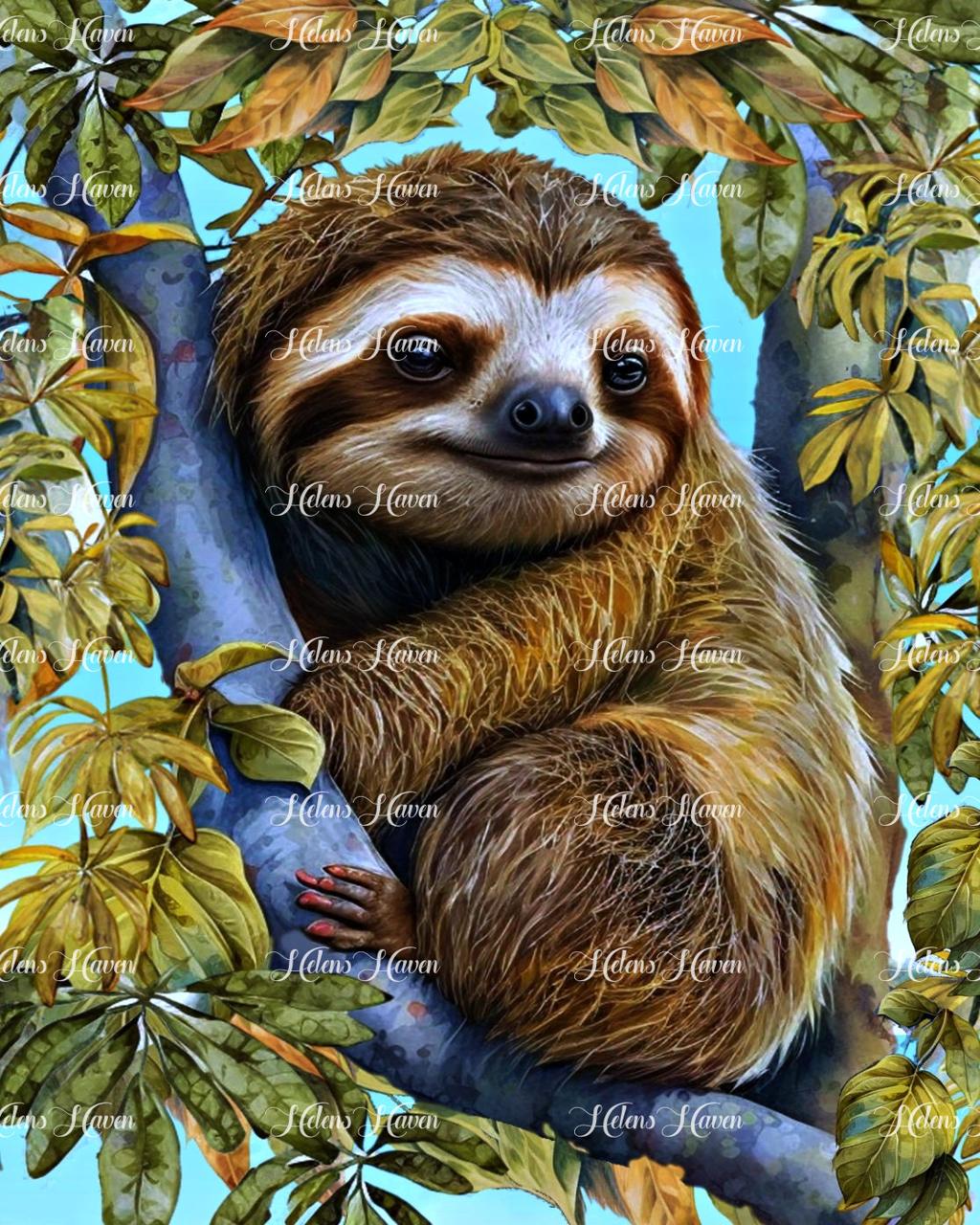 A smiling sloth hangs contentedly from a tree branch, its gentle face beaming with a relaxed and cheerful expression. 