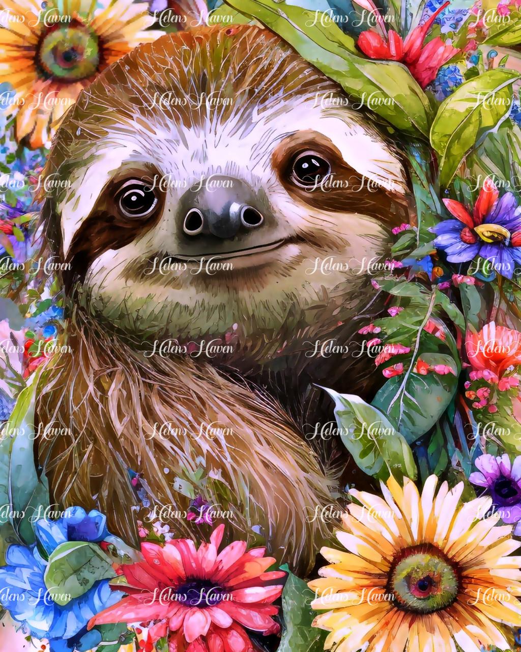 A smiling sloth peeks out from a vibrant array of flowers, its relaxed and cheerful expression contrasting beautifully with the burst of colors around it