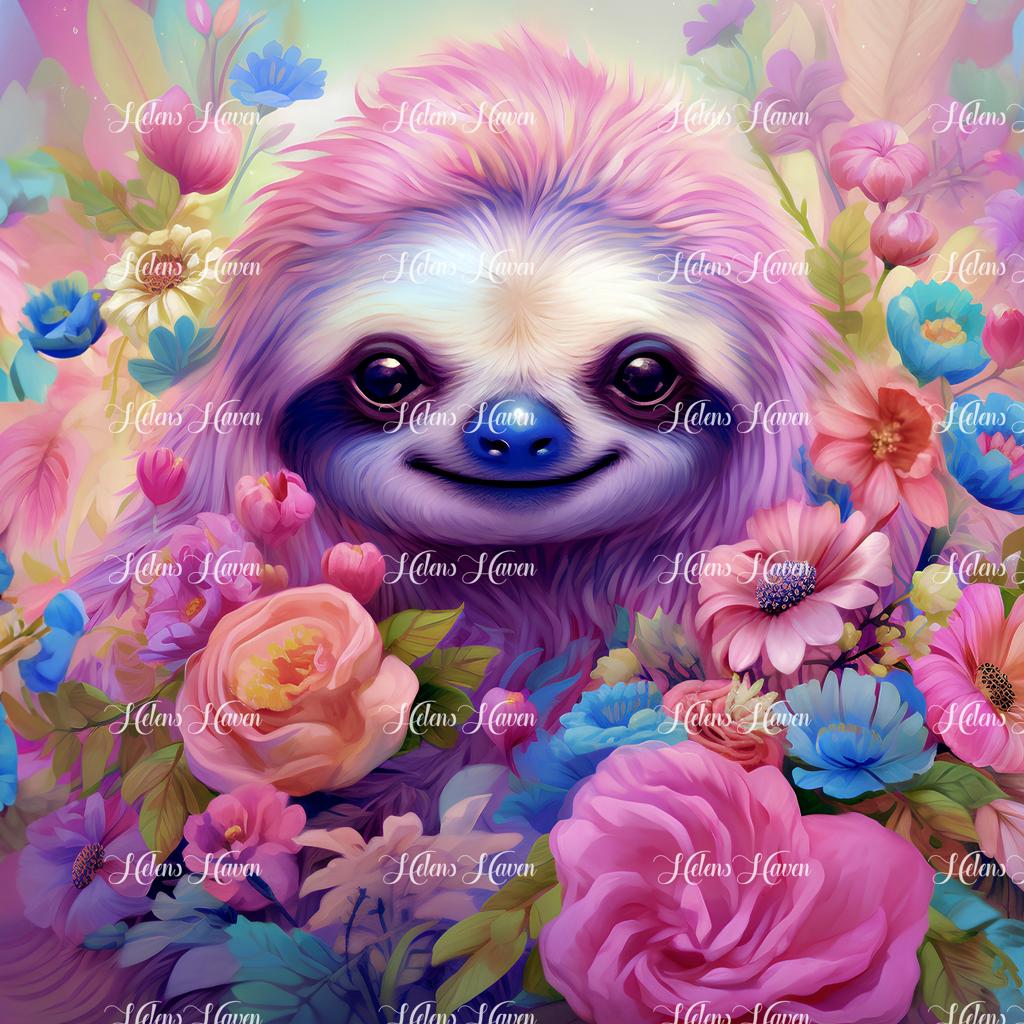 Susie, the fluffy pink sloth, is nestled comfortably in the branches of a tree, her soft, rosy fur contrasting delightfully with the greenery around her.