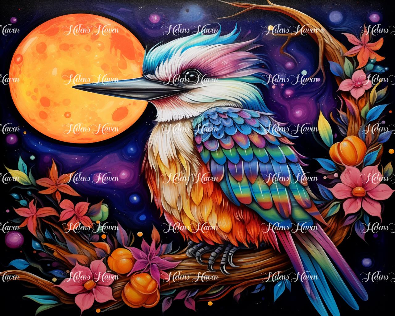 A stunning depiction of a kookaburra perched on a branch is set against the backdrop of a luminous full moon