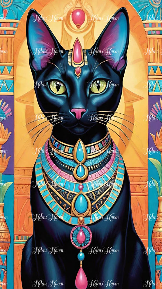 Bejeweled Bastet, the Egyptian cat goddess, is depicted with exquisite elegance and opulence.