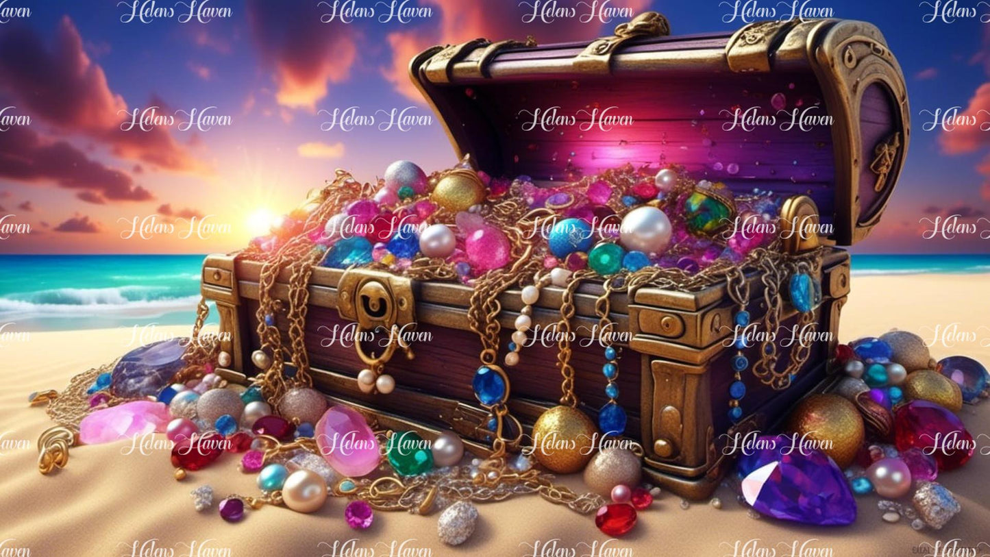 A stunning display of jewels and gems is showcased inside an ornate treasure chest set against a picturesque beach scene. 