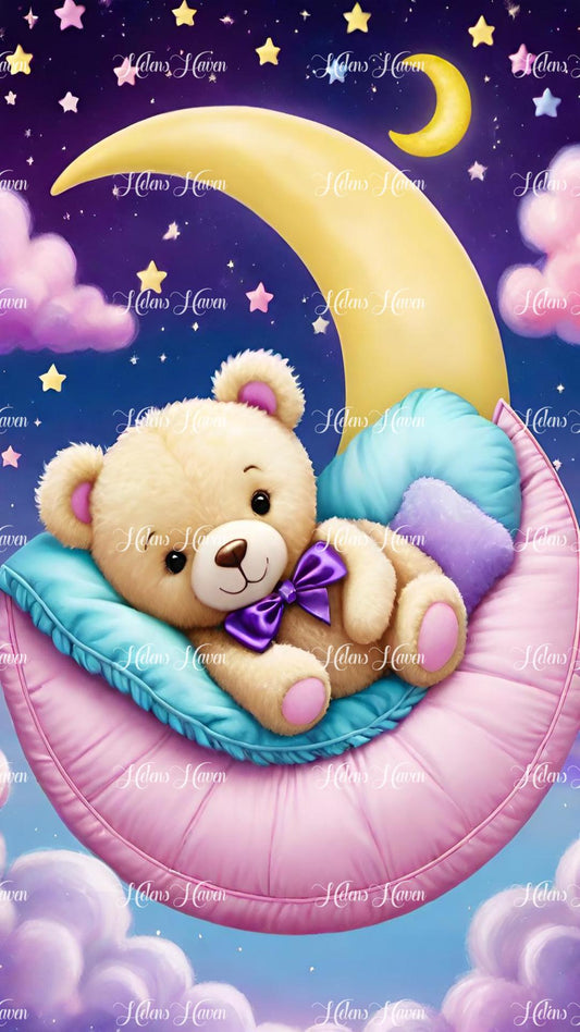 A cozy teddy bear is nestled comfortably on the surface of the moon, ready for sleep under a starlit sky