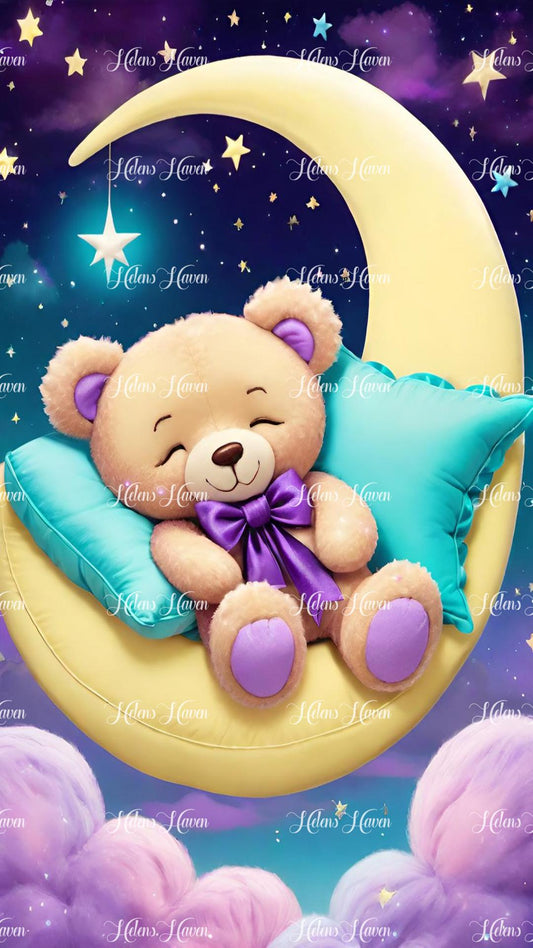 A cute teddy bear is peacefully sleeping on the moon, nestled comfortably against the soft lunar surface. 