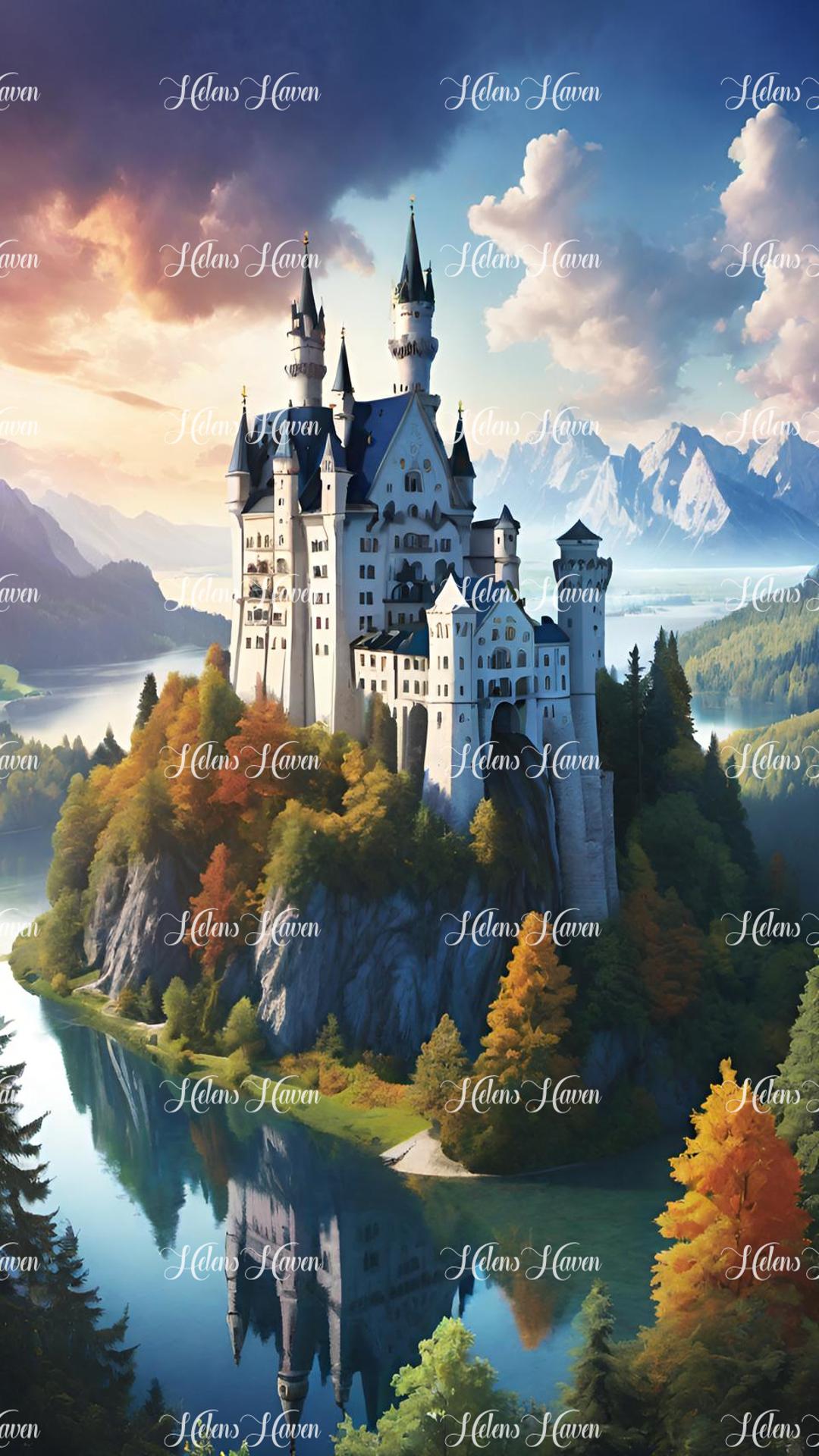 A majestic castle is perched high above a lush forest, commanding a breathtaking view of the surrounding landscape