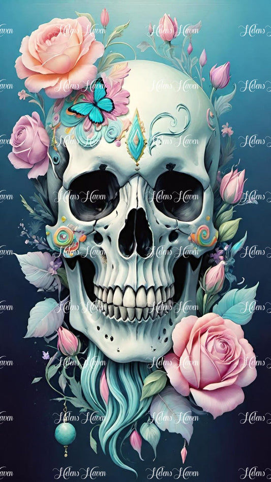 A skull adorned with roses creates a striking and poignant visual contrast, blending elements of beauty and mortality.