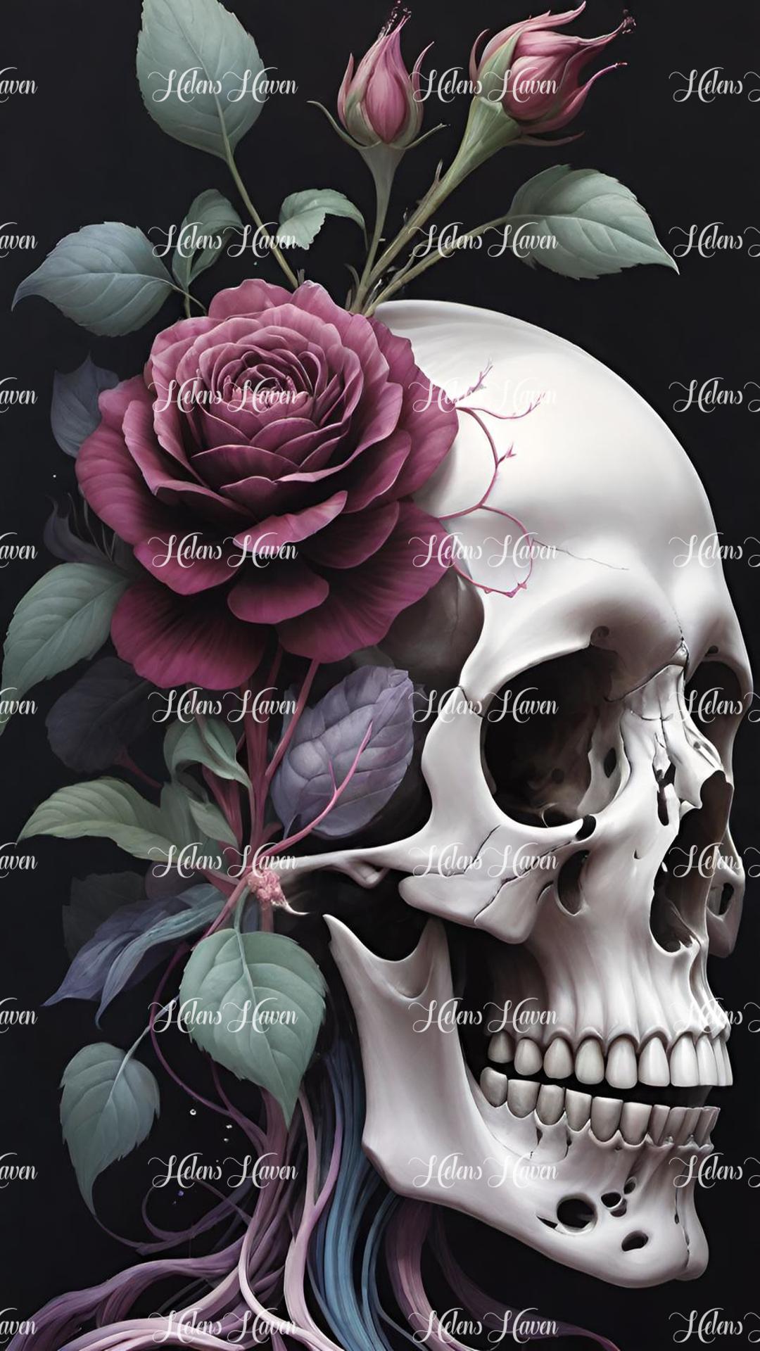 A skull is adorned with a stunning dark red rose, creating a dramatic and captivating visual. 