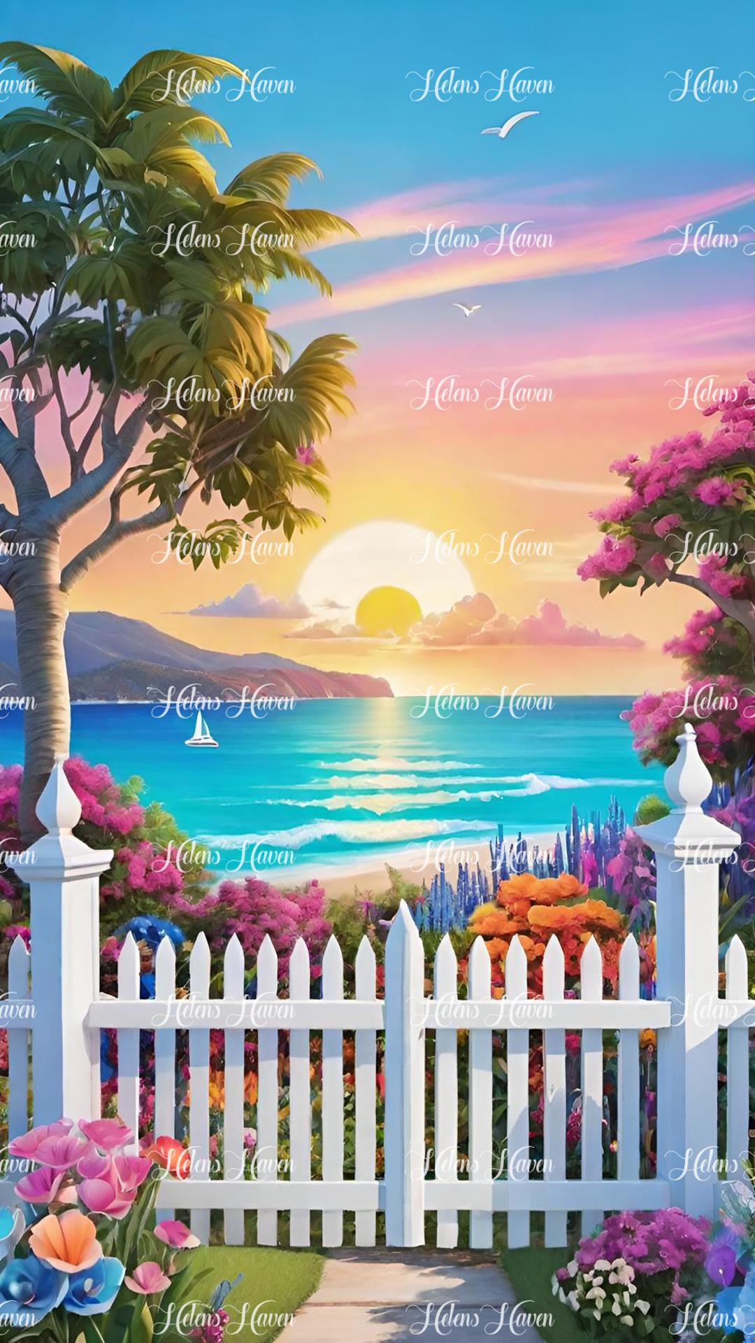 A picturesque beach scene features a charming white picket fence framing the view of the serene ocean.