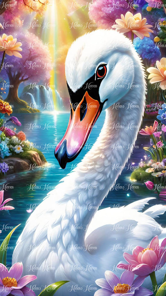 Cute swan in flowers and sun rays